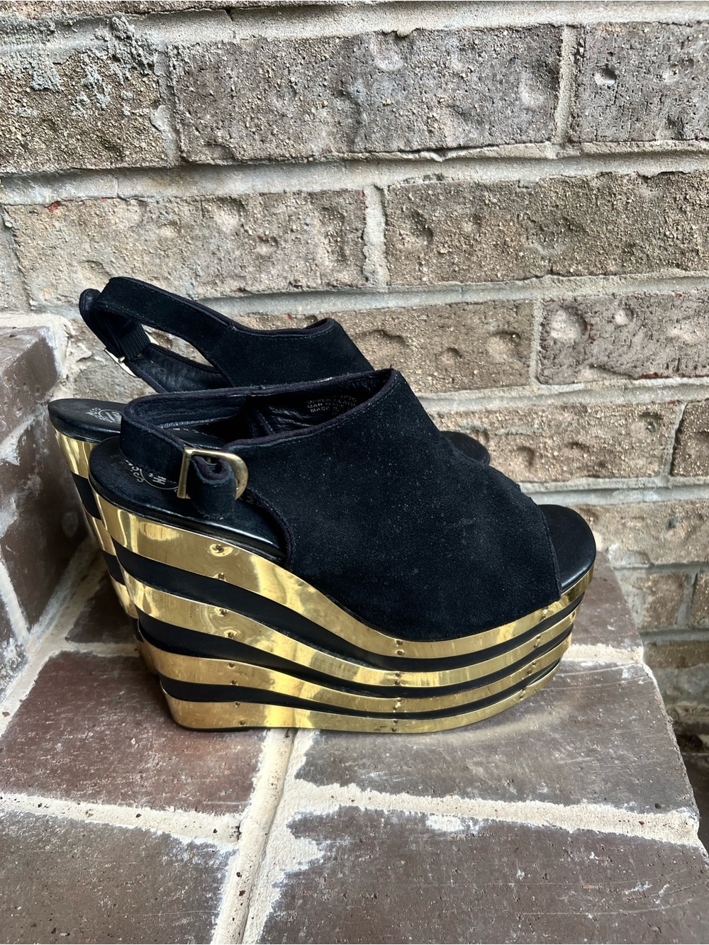 Jeffrey Campbell Black Suede Slingback Wedges with Gold Band Platform